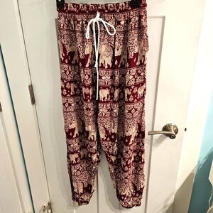 Burgundy and White Elephant Print Pants